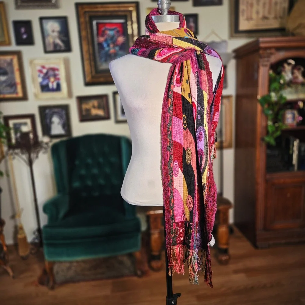 Vintage 90s Chelsey II Abstract Knit Scarf Wrap Magenta Multi Color Boho Fringe